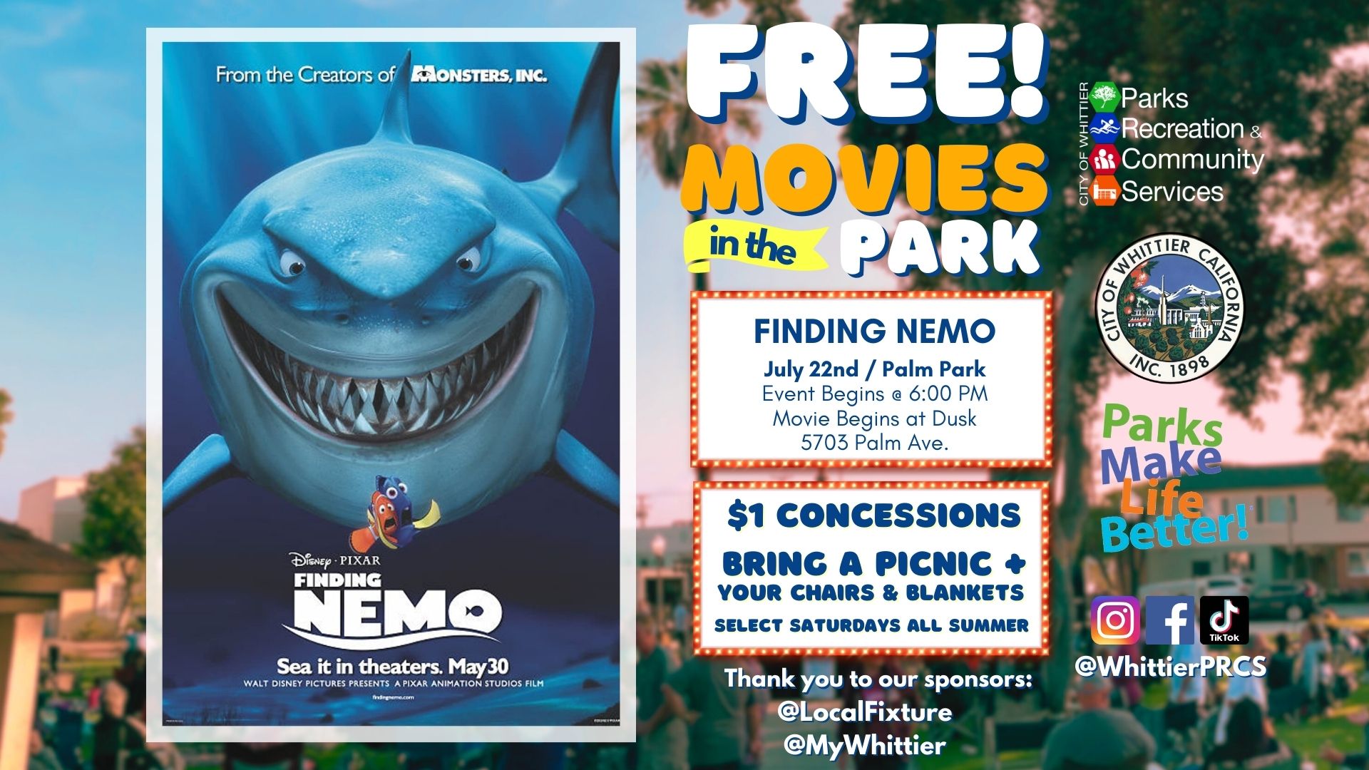 Movies in the Park - Finding Nemo at Palm Park on July 22nd