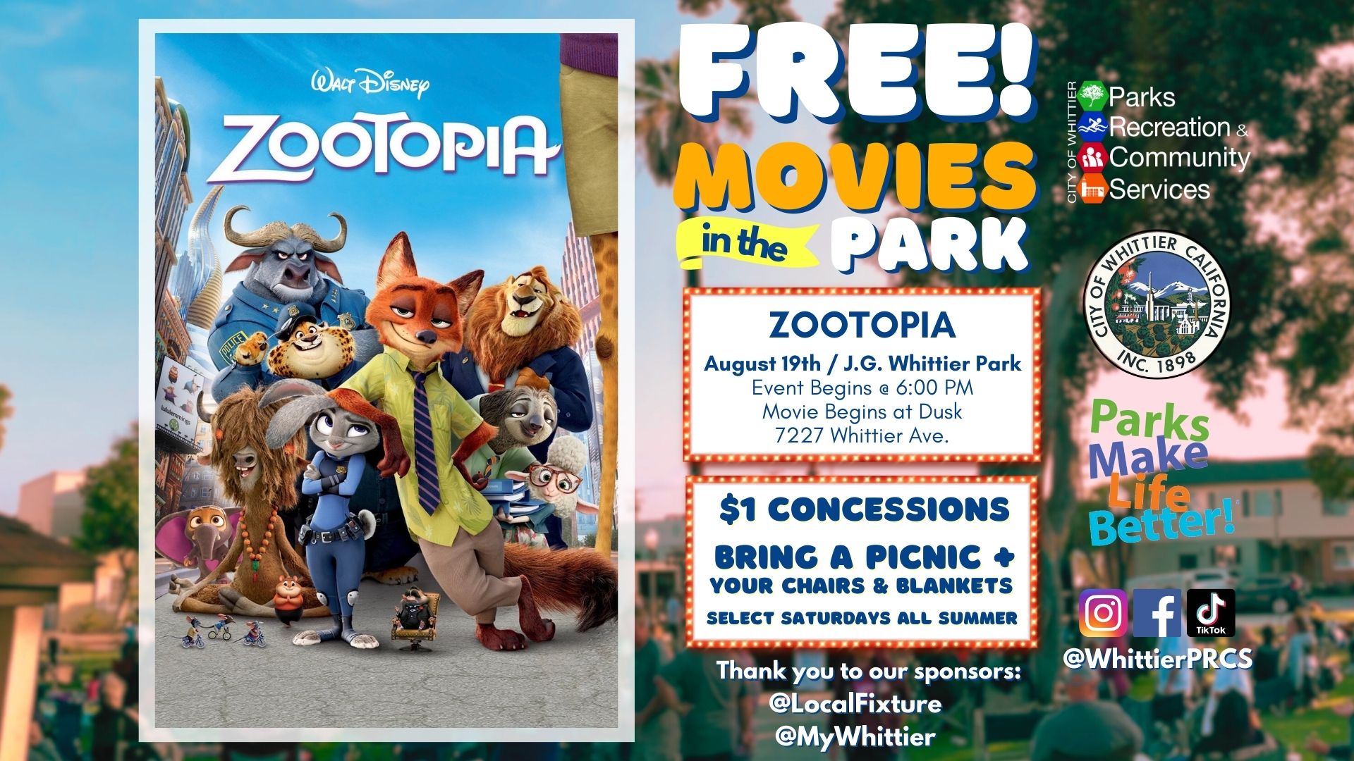 ZooMovies in the Park - Zootopia at J.G. Whittier Park on August 19th, 2023