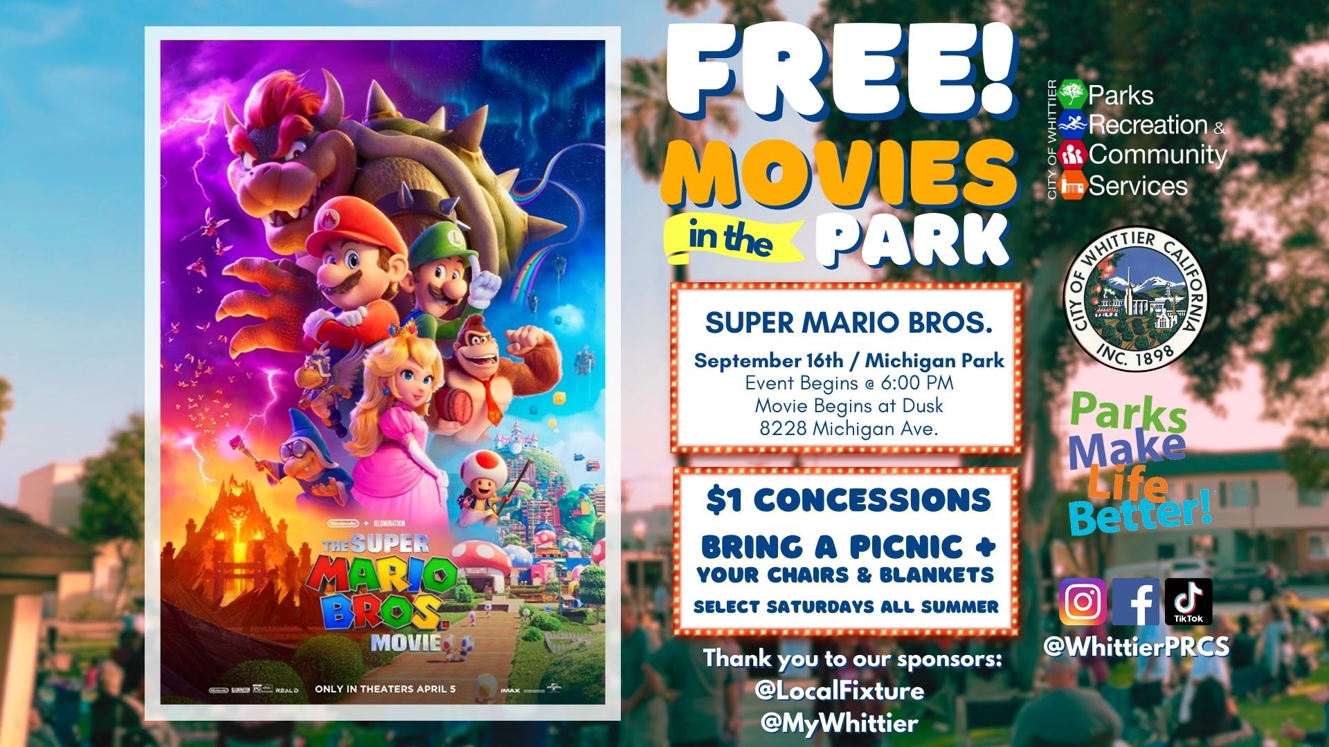 Movies in the Park - Super Mario Bros. at Michigan Park on September 16th, 2023